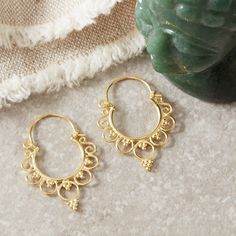 A lovely elegant and romantic style of Boho filigree gold hoops. The family I use for all my filigree jewellery have honed their skills for centuries in the far North of Thailand, Chang Mai region.  Super light weight and easy to wear, these can be matched with anything in your wardrobe for any occasion.  Sterling silver and 18k gold. All the materials I use are real Sterling Silver and 18 carat gold. I do not use inferior metals such as Gold fill or Brass Gold plated! A lovely all year round piece for yourself or a loved one! These earrings measure 3.2 cm in length. There are many handmade filigree earrings on my Etsy page, take a peek with the links below! Each item comes with a satin pouch. I can also present them in a gift box with tissue wrapping. Please select this option at the chec Filigree Jewellery, Real Gold Hoop Earrings, Filigree Hoop Earrings, Garnet And Gold, Filigree Jewelry, Vintage Fine Jewelry, Gold Jewelry Earrings, Filigree Earrings, Ethical Jewelry