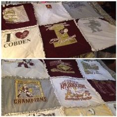 several different types of t - shirts are displayed on a bed sheet that has been made into a quilt