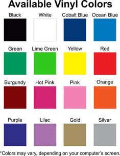 the color chart for various colors of vinyl