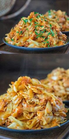 three plates filled with different types of coleslaw on top of each other and garnished with parsley