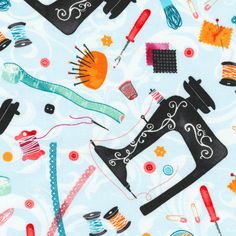 a blue background with various sewing related items on it, including a sewing machine and scissors