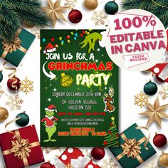 christmas party flyer with presents and decorations