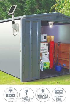 an outdoor storage shed is shown with instructions to install the lights and accessories on it