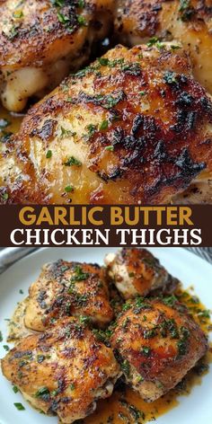 garlic butter chicken thighs on a white plate