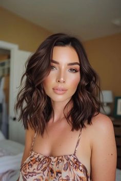 36 Stunning Espresso Brown Hair Color Hairstyles For Every Hair Length Winter Brown Hair Color Balayage, Dark Chocolate Brown Hair Short, Dark Brown Hair Hazel Eyes, Warm Tone Brown Hair, Brown Hair Shoulder Length, Winter Brunette Hair Color, Espresso Brown Hair Color, Espresso Brown Hair, Brunette Shades