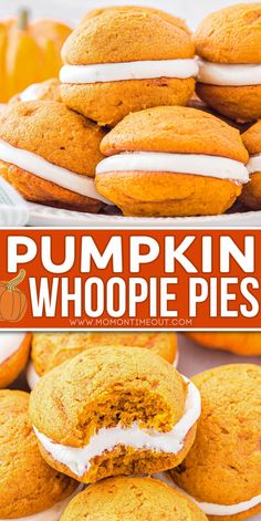 pumpkin whoopie pies stacked on top of each other with the title overlay