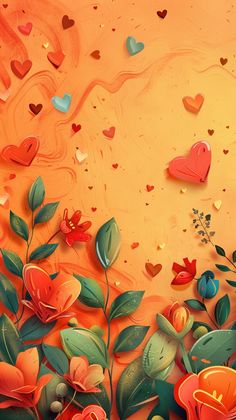 an orange background with hearts and flowers