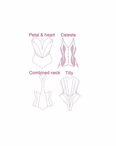 three different types of bras with the words petal and heart celesite combined neck tilly