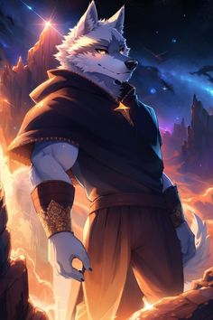 an anime character standing in front of a mountain with his hand on his hip and looking at the sky