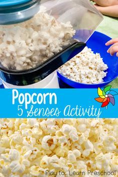 popcorn and other foods are shown with the words popcorn 5 senses activity on it