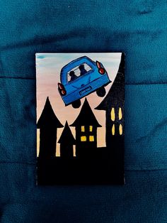 a painting of a blue car in front of a castle at night with the moon behind it