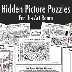 the hidden picture puzzles for the art room is shown in black and white with red accents