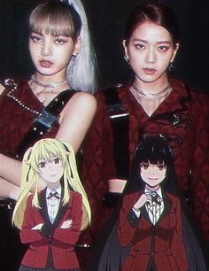 two young women dressed in red and black outfits standing next to each other with their hands on their hips