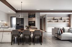 a modern living room and dining area with wood flooring