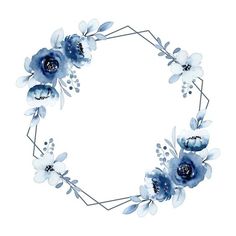 watercolor blue and white flowers arranged in a circle