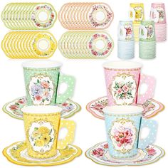 four different colored cups and saucers with floral designs on the sides, one has polka dots