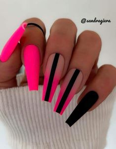 hot pink and black nails Neon Black Nails, Summer Nails 2024 Coffin Shape, Black And Neon Nail Designs, Viviane Leigh, Hot Pink And Black Nails Acrylic Coffin, Neon Pink And Black Nails, Bright Pink And Black Nails, Hot Pink And Black Nails French Tip, Hot Pink Nails With Black Tips