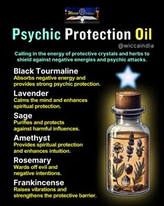 Introducing our Psychic Protection Oil! Your daily ally against negative energies and psychic attacks.   This oil combines the powerful energies of black tourmaline, lavender, sage, amethyst, rosemary, and frankincense, providing a potent shield against psychic attacks. Embrace the protective energy and feel secure in your magickal practice. 🌿🔮✨ Magick Oil, Protection Oil, Spells And Rituals, Psychic Attacks, Healing Magic, Healing Spells, Wiccan Spell Book