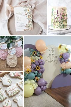 Collage of photos of ideas for  wild flower baby shower theme. Wild flower baby shower cookies, balloon arch, party favors, invitation and cake ideas. Summer Baby Shower Themes, Strawberry Picnic, Beach Bash, Summer Baby Shower, Shower Themes, Summer Baby, Baby Shower Themes