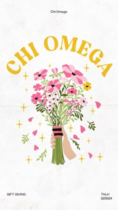 a poster with flowers in a vase and the words chi omga written on it