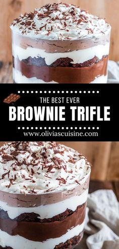 the best ever brownie trifle cake with white frosting and chocolate shavings