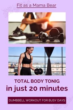 a woman doing exercises with dumbbells in front of her and the words, total body tonic in just 20 minutes