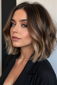 Top 50 Short Bob Hairstyles for Women in 2024 (Detailed Gallery + Video) | 50 Stunning Short Bob Hairstyles for Women Trending in 2024 | Aesthetic Women's Hairstyles & Haircut Inspo Bob Hair With Balayage, Shadow Root On Brown Hair, Short Hair Balayage Round Face, Dark Bob Balayage, Balayage For Dark Brown Hair Bob, Shirt Hairstyles For Thick Hair, Brunette Hair Bob Mid Length, Short Middle Part Haircuts Women, Short Dark Hair With Highlights Straight