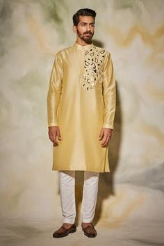 Shop for DiyaRajvvir Yellow Cotton Silk Embroidered Kurta for Men Online at Aza Fashions Horse Embroidery, Yellow Kurta, Kurta For Men, Kurta Men, Black And White Fabric, Butter Yellow, Pants Fit, Indian Fashion Designers, Pernia Pop Up Shop