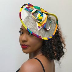 Kente African Print Fascinator hair clip hat - Yellow / Purple - Afrilege Adjustable Multicolor Headpieces For Summer, Elegant Multicolor Headband, Multicolor Headband Fascinator For Party, Multicolor Headband Fascinator For Weddings, Multicolor Headband Costume Hats For Summer, Multicolor Mini Hat Headband For Spring, Handmade Summer Fascinator Headband, Spring Multicolor Hat Fascinator, Multicolor Wedding Fascinator Headband