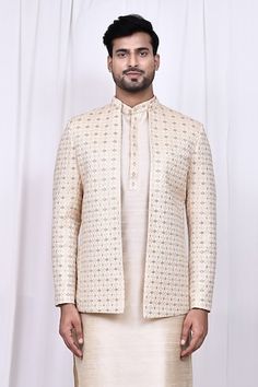 Cream jacket with thread embroidery in geometric pattern. Paired with matching kurta and pant. - Aza Fashions Festive Sherwani With Geometric Embroidery And Long Sleeves, Festive Sherwani With Geometric Embroidery, Festive Long Sleeve Sherwani With Geometric Embroidery, Geometric Embroidery Long Sleeve Diwali Sets, Festive Long Sleeve Sets With Geometric Embroidery, Traditional Bandhgala With Geometric Embroidery For Eid, Festive Bandhgala With Geometric Embroidery For Eid, Festive Eid Bandhgala With Geometric Embroidery, Festive Designer Sets With Geometric Embroidery