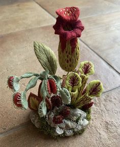 some very pretty flowers sitting on top of a stone slab in the middle of a tile floor