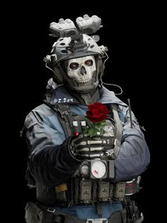 a skeleton soldier holding a red rose in his right hand and wearing a helmet with skulls on it