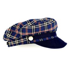 Classic and elegant blue tartan plaid sailor cap. Adorned with a ribbon of the same fabric as the visor and riveted with metallic buttons in old silver color.65 % polyester 35% linen. Cut and sewn on the bias with a quality tartan plaid fabric and finished with a very light cotton lining.The length of the visor is 4.5 centimeters.The back of the cap has a small eco-leather belt to adjust the measurement up to three centimeters less. It adapts very well to the head.For its production we use top q Navy Cotton Brimmed Hat, Navy Cotton Hat With Short Brim, Navy Flat Brim Hat, Blue Cotton Flat Cap, Nautical Style Cap For Boating, Nautical Cap For Boating, Adjustable Sailor Style Cap, Blue Flat Cap One Size, Casual Brimmed Hat For Boating