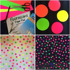 four different types of polka dot wallpaper with scissors and glue on them, including neon colors