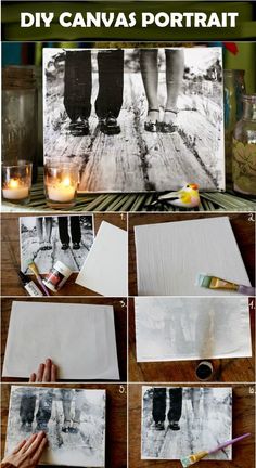 the steps to make a diy canvas portrait are shown with candles and pictures on it