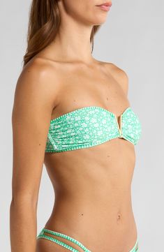 A tropical pattern lends depth to this strapless bikini top with a bold V-shaped wire in the center. Ties at back Strapless Lined 84% recycled polyester, 16% elastane Hand wash, dry flat Imported Beachy Bandeau Swimwear With Built-in Bra, Strapless Tube Top For Beachwear, Green Bandeau Swimwear With Removable Bra Pads, Beachwear Triangle Tube Top For Swimming, Green Strapless Tube Top For Vacation, Green Beachwear Tube Top For Vacation, Strapless Tube Top For Beachwear And Sunbathing, Green Strapless Summer Swimwear, Green Beachwear Tube Top For Pool