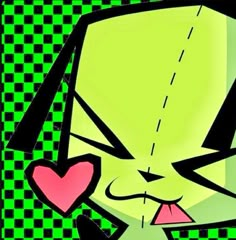 a cartoon character with green and black checkered background holding a pink heart in his right hand