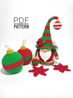 a crocheted christmas gnome with ornaments on the ground and text overlay that reads, free crochet pattern