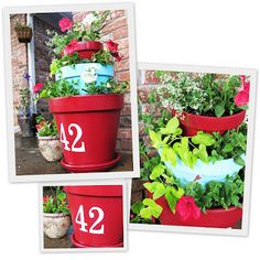 three red flower pots with plants in them and numbers painted on the side of each planter