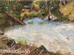 an oil painting of a river surrounded by trees and rocks with water running through it