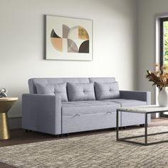 a living room scene with focus on the couch and coffee table