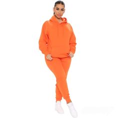 Orange Gym Outfit, Orange Sweatpants Outfit, Orange Hoodie For Winter Sports, Orange Tracksuit, Orange Cotton Hoodie Top, Trendy Orange Cotton Hoodie, Cheap Orange Cotton Hoodie, Orange Sweatpants, Sporty Orange Hooded Sweatshirt