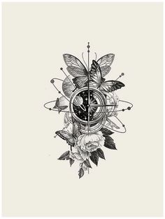 a drawing of a clock with flowers and butterflies on the front, in black and white