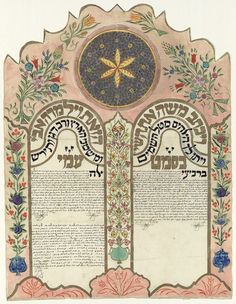 an old book with floral designs and writing on the pages, including two large letters