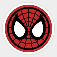 the face of spider man in a red and black circle with two eyes on it