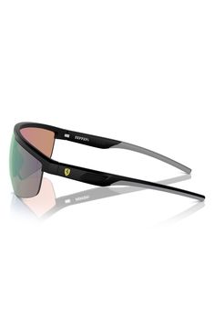 A wrapped shield silhouette enhances the fit of sporty sunglasses featuring iconic Ferrari logos at the temples for racer-inspired style. 140mm lens width; 0mm bridge width; 130mm temple length 100% UV protection Plastic Made in Italy Sporty Sunglasses, Scuderia Ferrari, Shield Sunglasses, Ferrari Logo, Uv Protection, Ferrari, Matte Black, Temple, Bridge