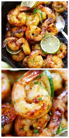 two pictures of shrimp and limes in a skillet, one is cooked and the other is grilled