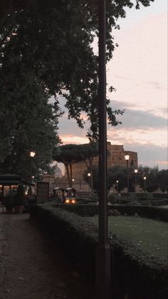 a street light sitting next to a lush green park