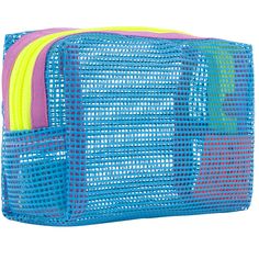 a blue mesh bag with neon colored handles and two zippers on the front,