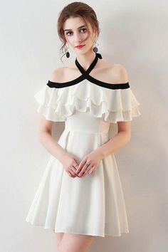 Halter Homecoming Dress, Simple Homecoming Dresses, Short Homecoming Dresses, White Homecoming Dresses, Cheap Homecoming Dresses, White Off The Shoulder, Two Piece Homecoming Dress, Short Homecoming Dress, Short Prom Dress